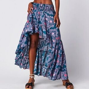 Free People High Low Floral morning sun ruffled smocked waist teal maxi skirt L